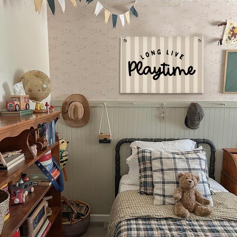 ShowDraven Playroom Decor, Long Live Playtime Wall Hanging Linen Banner, Blue Striped Wall Flag for Kids Room Nursery Playroom Decor, 20x30 Inch-Black - Image 2